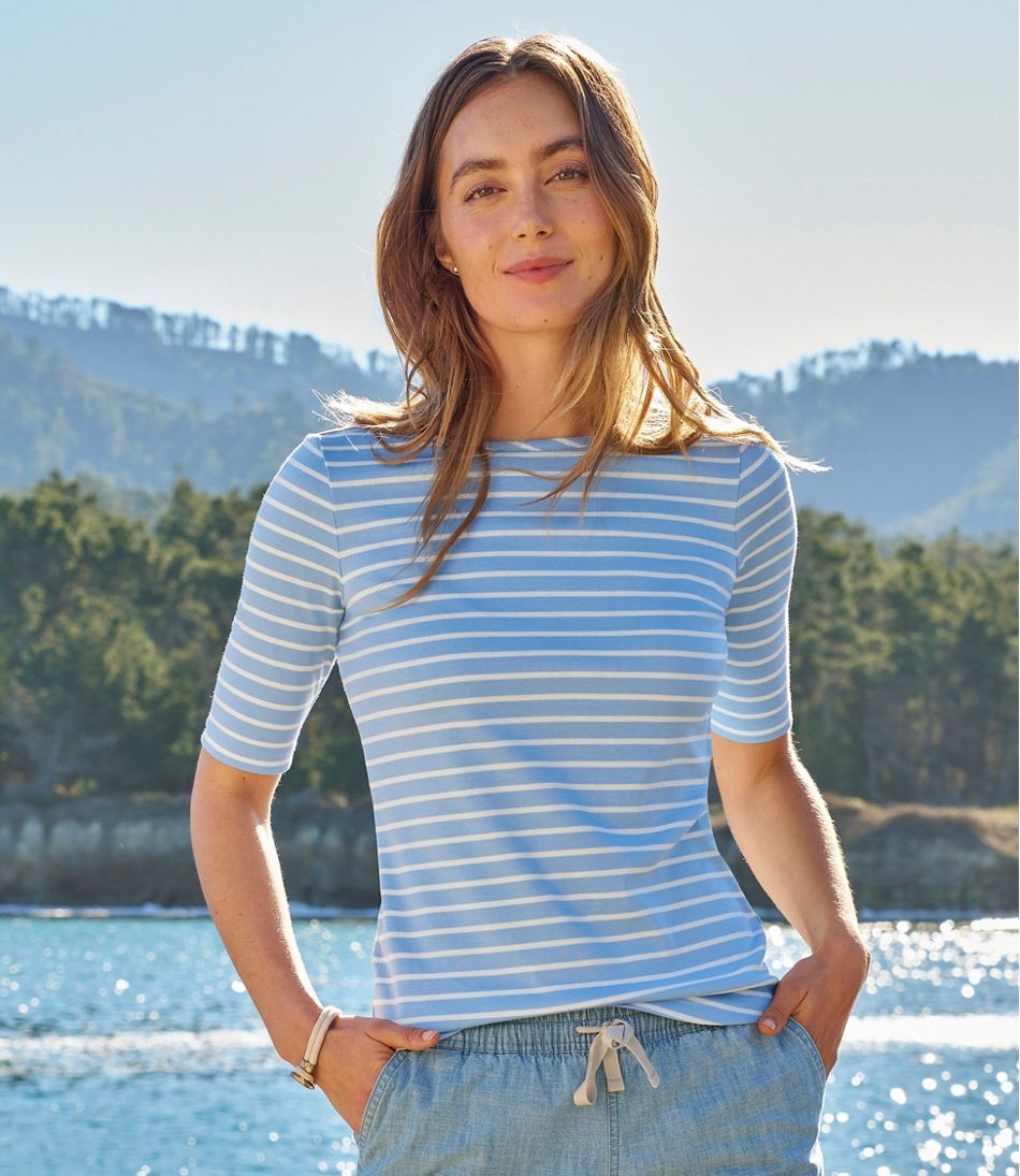 L.L.Bean On Sale | Women's Pima Cotton Tee, Elbow-Sleeve Boatneck Stripe